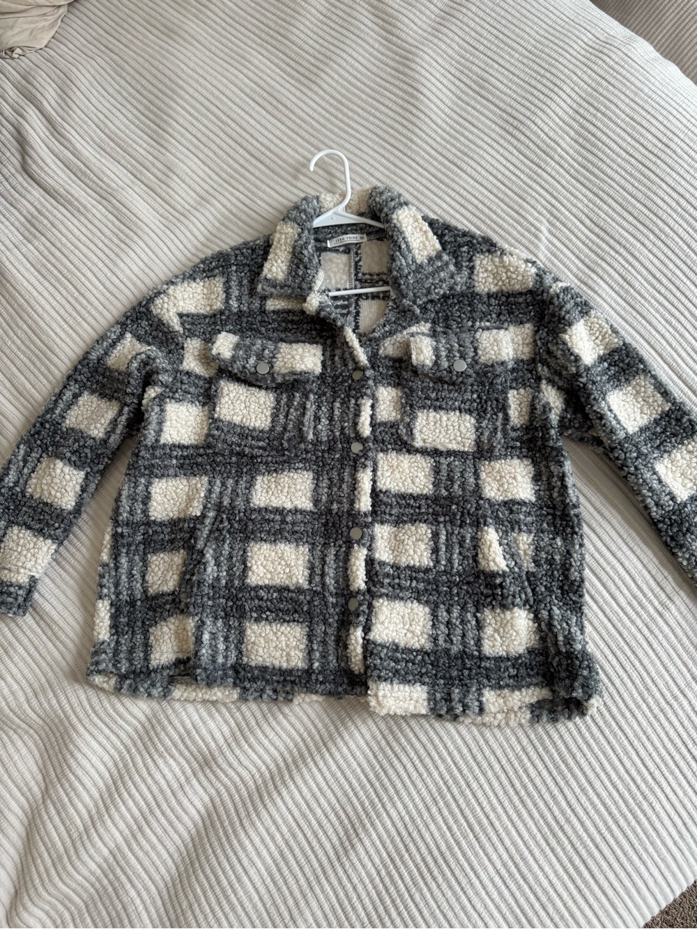 12th Tribe Cream & Gray Plaid Teddy Sherpa Jacket